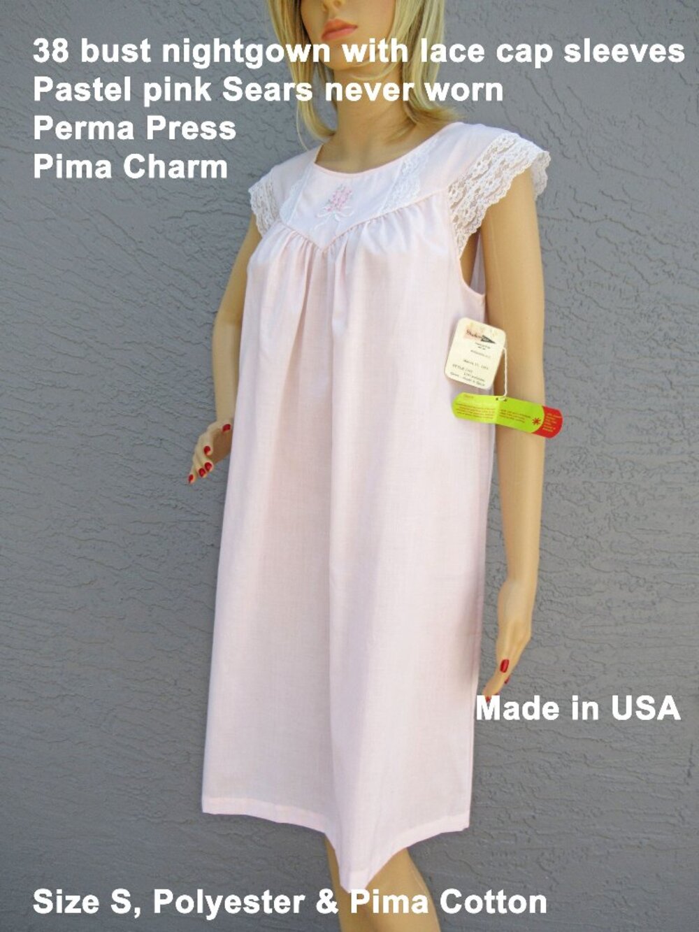 38" bust nightgown, Lace cap sleeve, Pastel pink Perma Prest, VTG paper hang tag